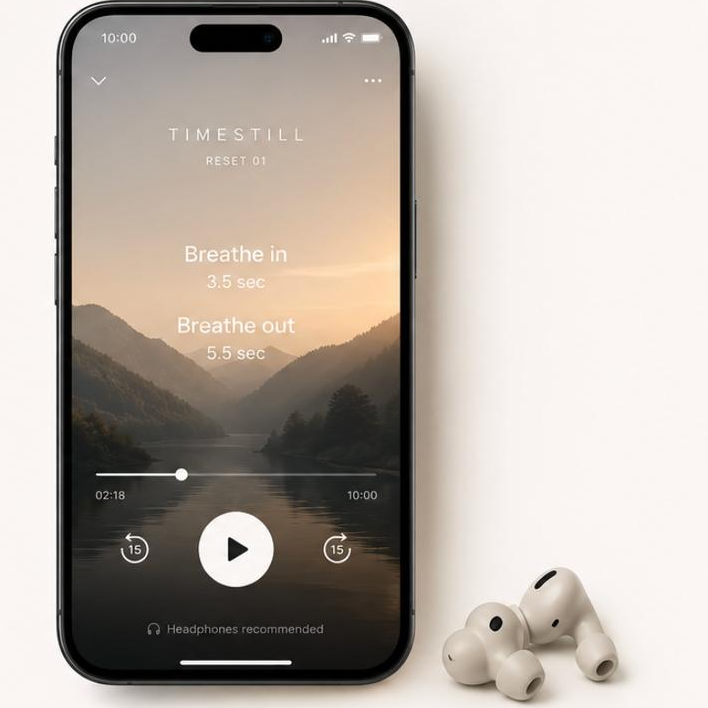 Phone showing guided audio meditation with earbuds